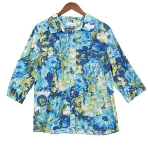 Breckenridge Floral Button Shirt 2X Blue Green Resort Coastal Boho Vacation Top